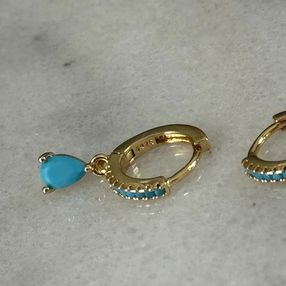 Gold Turquoise Tear Drop Crystal Huggie Hoop Earrings - Picture 2 of 5